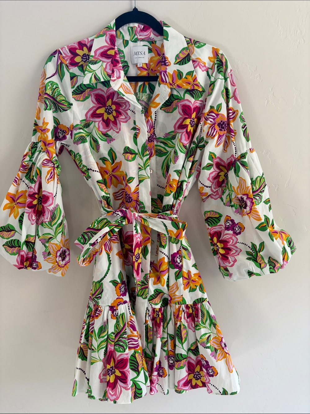 Misa Los Angeles White Floral Midi Dress with Pink & Yellow Blooms
